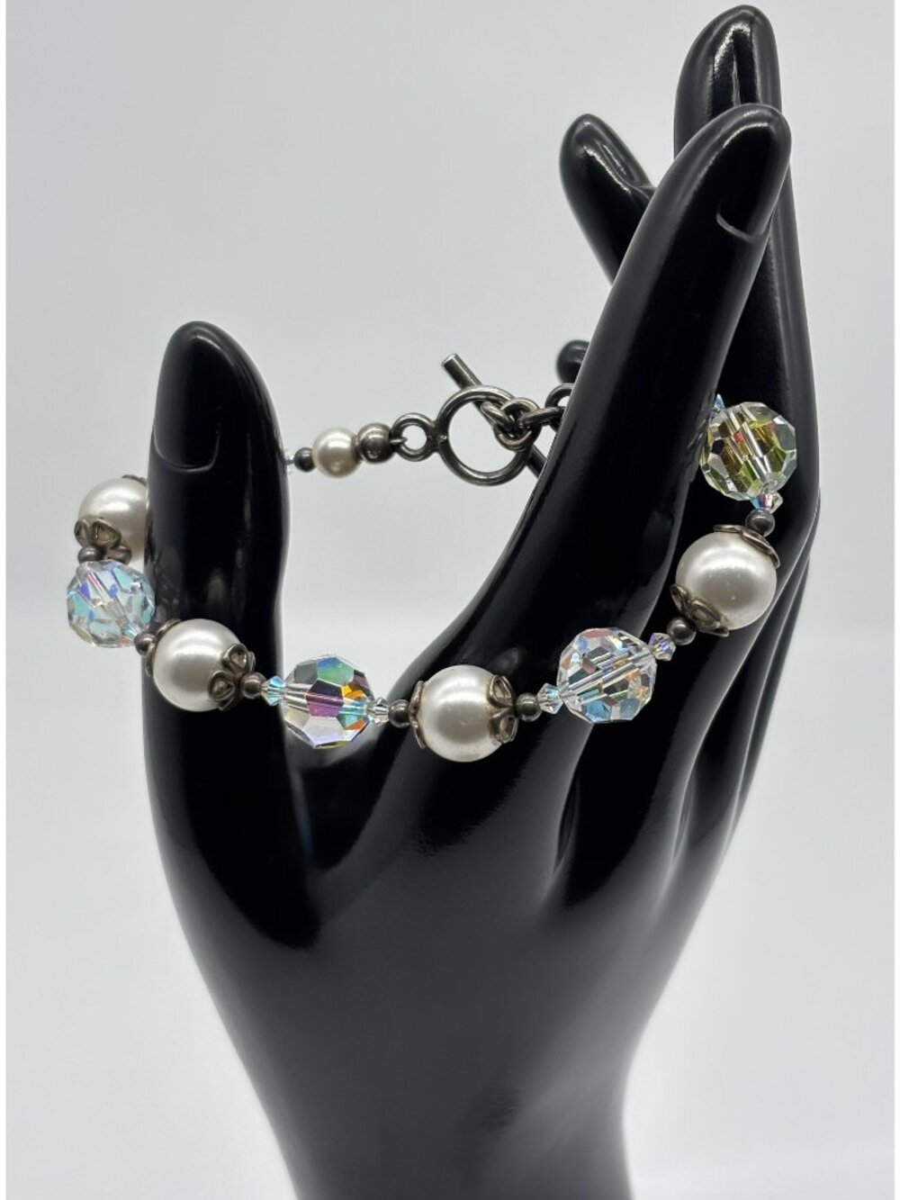 Artisan Made Bracelet With Faceted AB Crystals Faux Pearls Sterling Toggle Clasp
